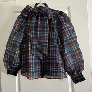 Checkered plaid bow neck blouse